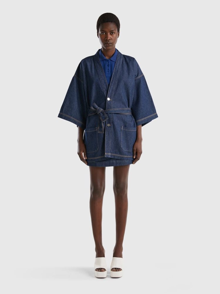 Chaquetas Benetton Donde Comprar Chambray Kimono Mujer Azules Oscuro